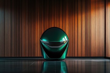 Sleek, dark green futuristic vehicle front, showcased against a rich wooden backdrop.