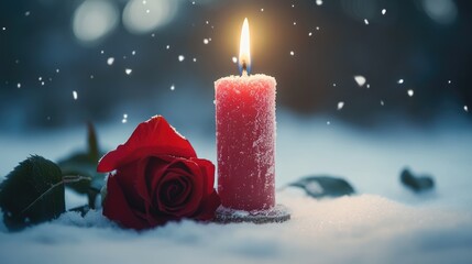 Alphabet letter-shaped candle on a birthday table with a red rose and snow in winter.
