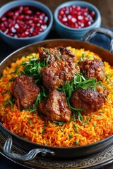 Fototapeta premium Uzbek plov rice pilaf cooks in kazan wok, featuring succulent lamb chunks and vibrant carrot strips. Rich spices create an inviting aroma