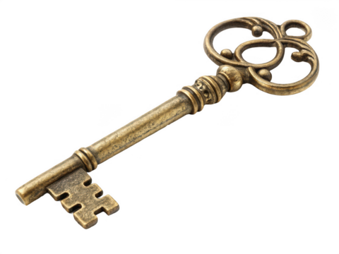 Ornate antique gold key isolated on transparent background - Powered by Adobe