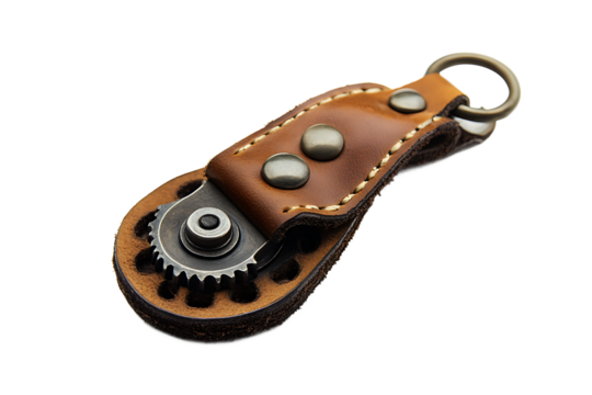 Close up of a brown leather keychain with metal gear and metal ring attachment on a white background