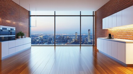 Modern city kitchen with expansive windows.