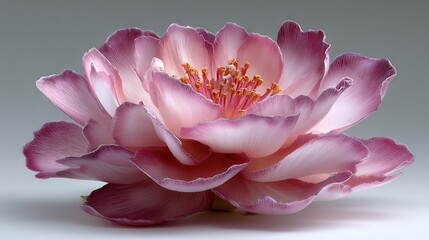   Pink flower on white background, reflecting light in center