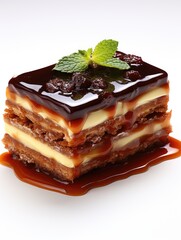 A square layered dessert with a dark glaze and mint leaves on top sitting on a white surface