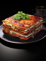 A stack of lasagna on a dark blue plate with a cup of coffee in the background on a black surface