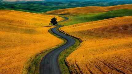   A lonely tree stands on either end of a winding road through a field