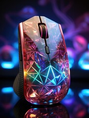 Close up of a colorful geometric patterned computer mouse with a scroll wheel on a blurred background