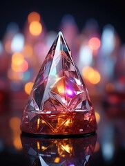 Close up of a faceted crystal pyramid with pink and orange lights and blurred background lights