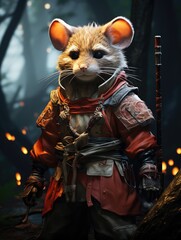 Anthropomorphic mouse warrior standing in a dimly lit forest with glowing orbs in the background