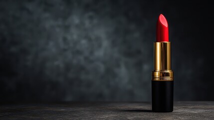 Glamorous Red Lipstick on Dark Stone Surface with Soft Light Enhancing the Elegance and Sophistication of Beauty Products in a Fashion Setting