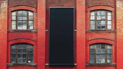 Fototapeta premium Black vertical ad banner near red brick urban building
