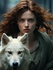 A woman with flowing auburn hair stands beside a majestic white wolf in a captivating portrait view