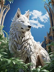 A white wolf statue surrounded by lush greenery against a bright blue sky with white clouds above
