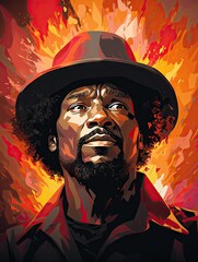Illustration of a man with a hat and beard against a fiery orange and red background art style