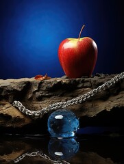 A red apple on a log with a silver chain and a blue glass orb against a dark blue background
