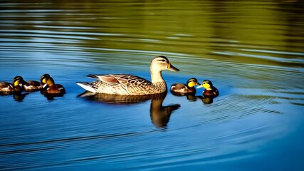 Mother Duck Swimming with Ducklings on Peaceful Lake