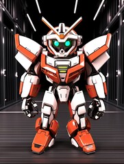 A cartoonish robot with orange and white armor standing in a futuristic corridor illuminated by neon lights