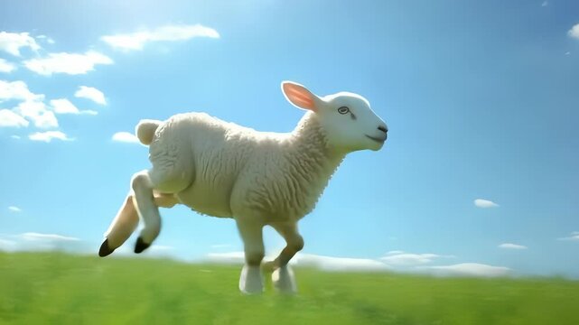 Animated lamb joyfully leaping against a vibrant blue sky and green field backdrop