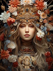 A woman with blonde hair and a golden crown surrounded by flowers in a dark background setting art