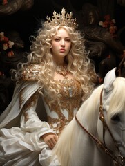 Portrait of a queen with golden crown and elaborate gown riding a white horse in a dark forest setting