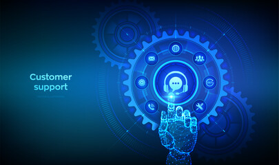Customer support service technology concept. Technical support, customer service, tech support assistance. Hand touching digital interface with connected gears cogs and icons. Vector illustration.