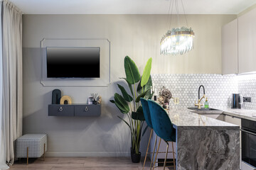 stylish design of small kitchen in shades of gray. Cozy atmosphere in kitchen, dim lights. Grey...