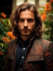 Portrait of a man with long brown hair and a patterned jacket standing near orange flowers outside