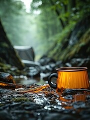 Amber glass mug sitting in a shallow stream with a tent in the background in a forest setting