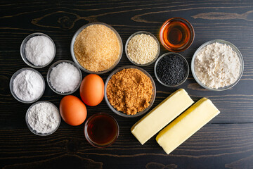 Brown Sugar and Toasted Sesame Cookies Ingredients: White and black sesame seeds, brown sugar, demerara sugar, butter, eggs, and other cookie recipe ingredients