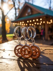 Close up of three metal and orange wheel shaped keychains hanging on a wooden surface outdoors