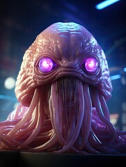 Close up of a pink alien creature with glowing purple eyes and tentacles in a dark environment