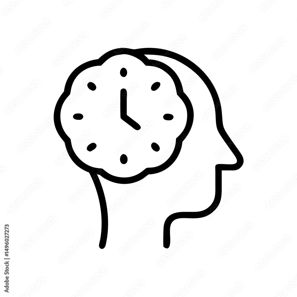 Poster outline of a head with a clock inside representing time management and scheduling concepts shown