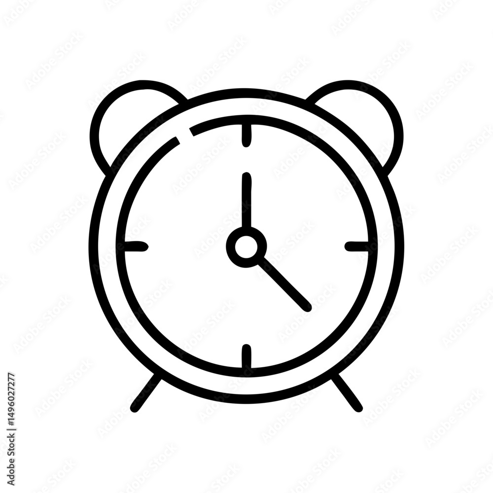 Poster alarm clock with two bells and hands showing time in a simple black and white graphic style image