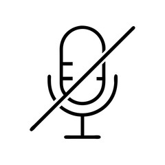 A muted microphone graphic with a line through it displayed on a white plain background design icon