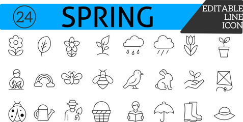 Fototapeta premium Spring Line Icons Set – Editable Vector Icons of Flowers, Nature, Weather, Outdoor Activities and more.