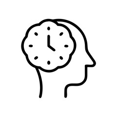 Outline of a head with a clock inside representing time management and scheduling concepts shown