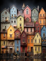 A whimsical stack of colorful houses with various architectural styles near the water's edge at night