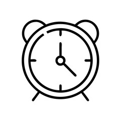 Alarm clock with two bells and hands showing time in a simple black and white graphic style image