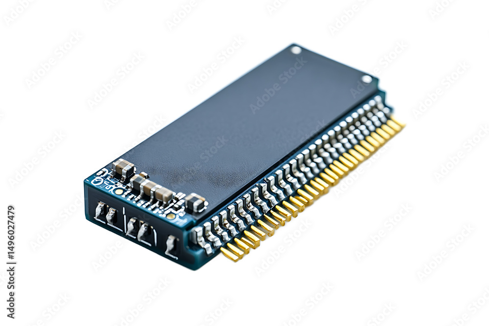 Poster close up of a solid state drive with gold pins on a black background in a studio setting