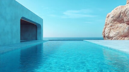Fototapeta premium Infinity Pool Oasis: An elegant infinity pool overlooking a tranquil sea, nestled amidst a serene architectural landscape, epitomizing luxury, relaxation, and architectural finesse.