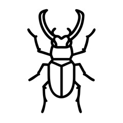 A simple graphic of a stag beetle with prominent mandibles and six legs in a minimalist style design