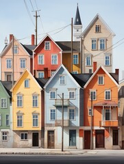 A colorful row of houses with a church steeple in the background on a sunny day illustration