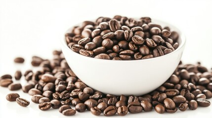 Fototapeta premium Coffee beans in white bowl, spilling out on white background.