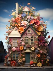 A whimsical house covered in colorful flowers with a bicycle parked in front on a sunny day scene