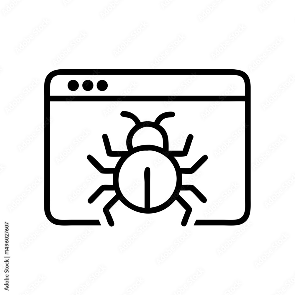 Poster depiction of a beetle on a screen with rounded corners and three circles at the top left corner