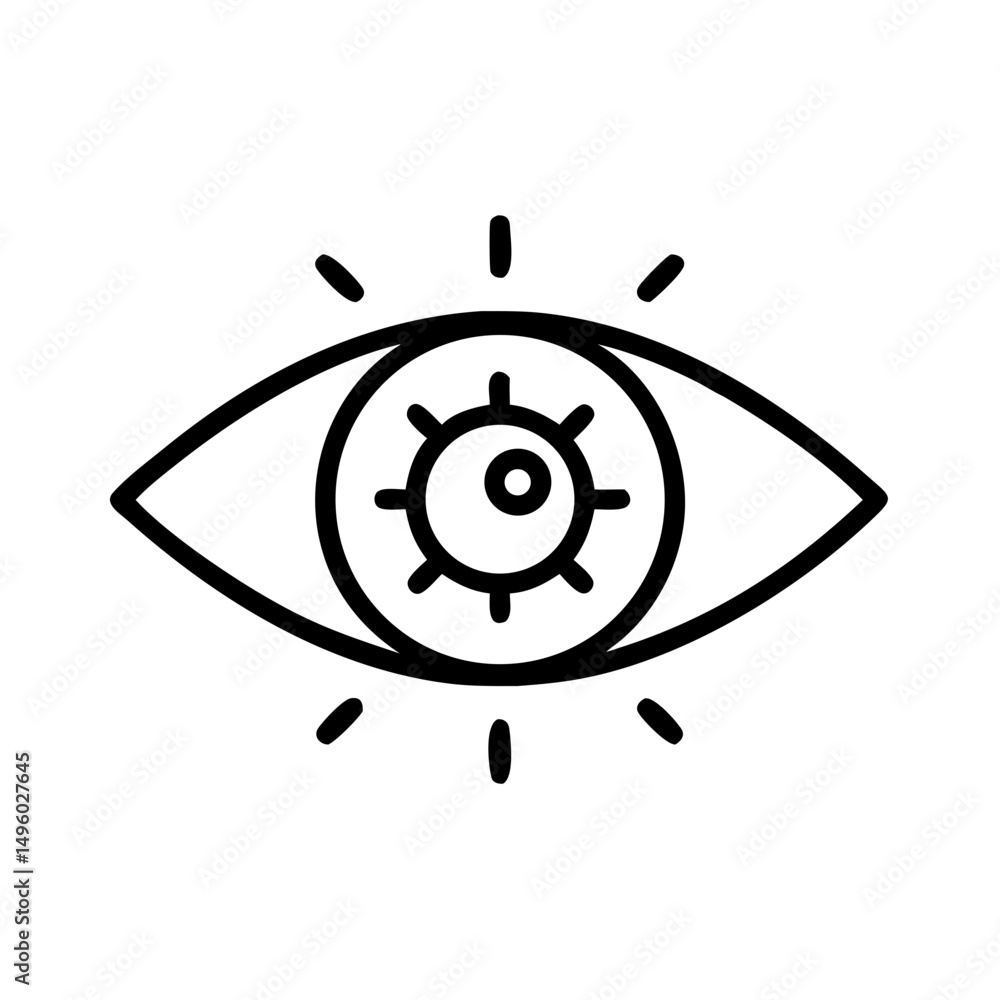 Aufkleber eye with a gear shaped pupil and radiating lines around it in a simple outline style design element