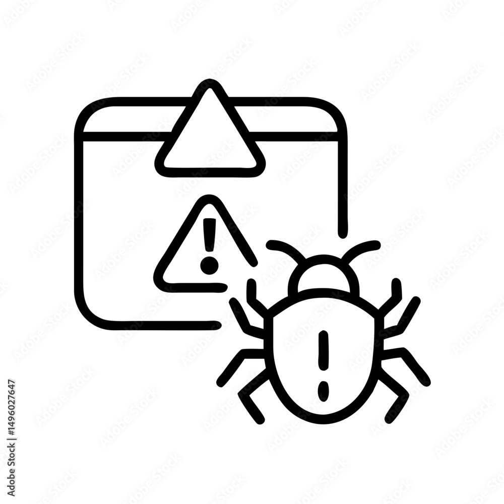 Poster Outline of a computer screen with warning signs and a small insect in front of the screen image design