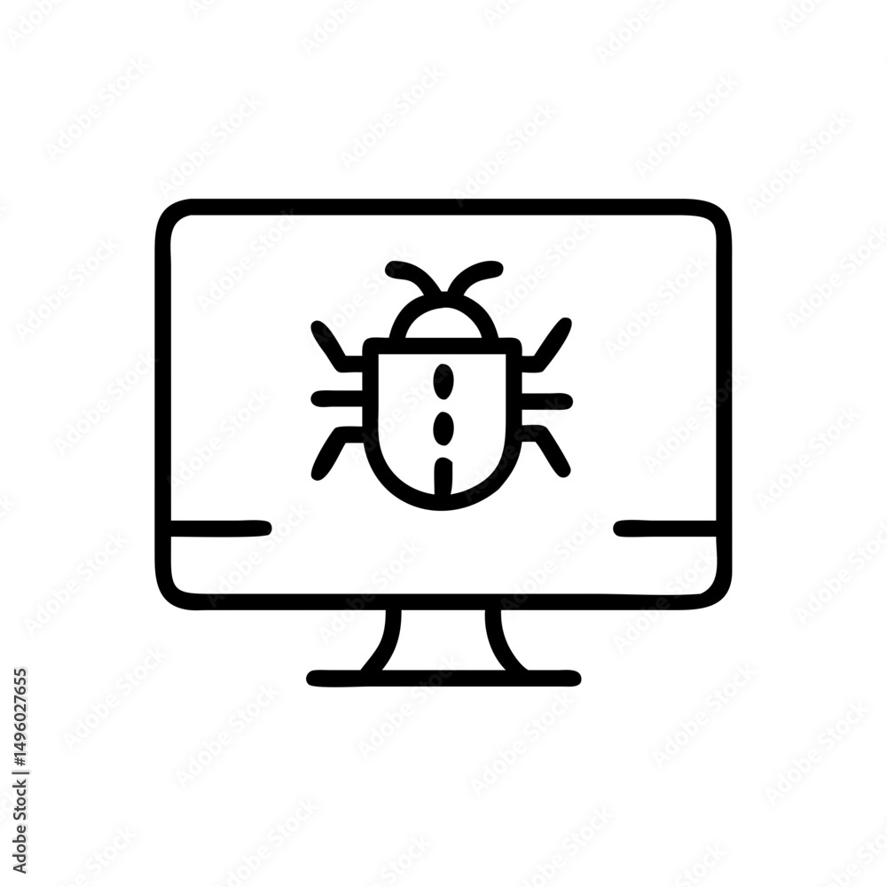 Poster outline drawing of a computer screen displaying a stylized insect on the display area shown here