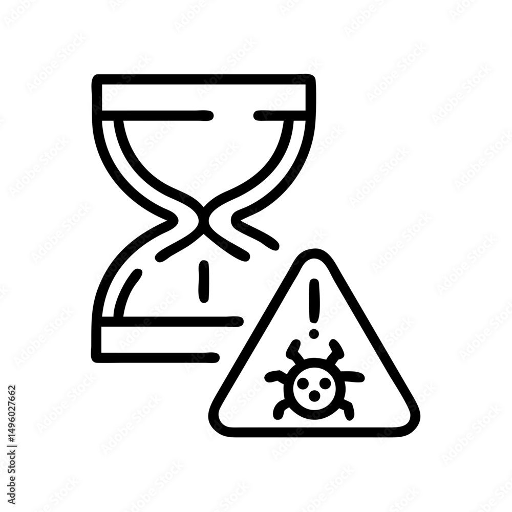 Poster hourglass with a warning sign showing a bug, indicating a time sensitive security threat alert notic