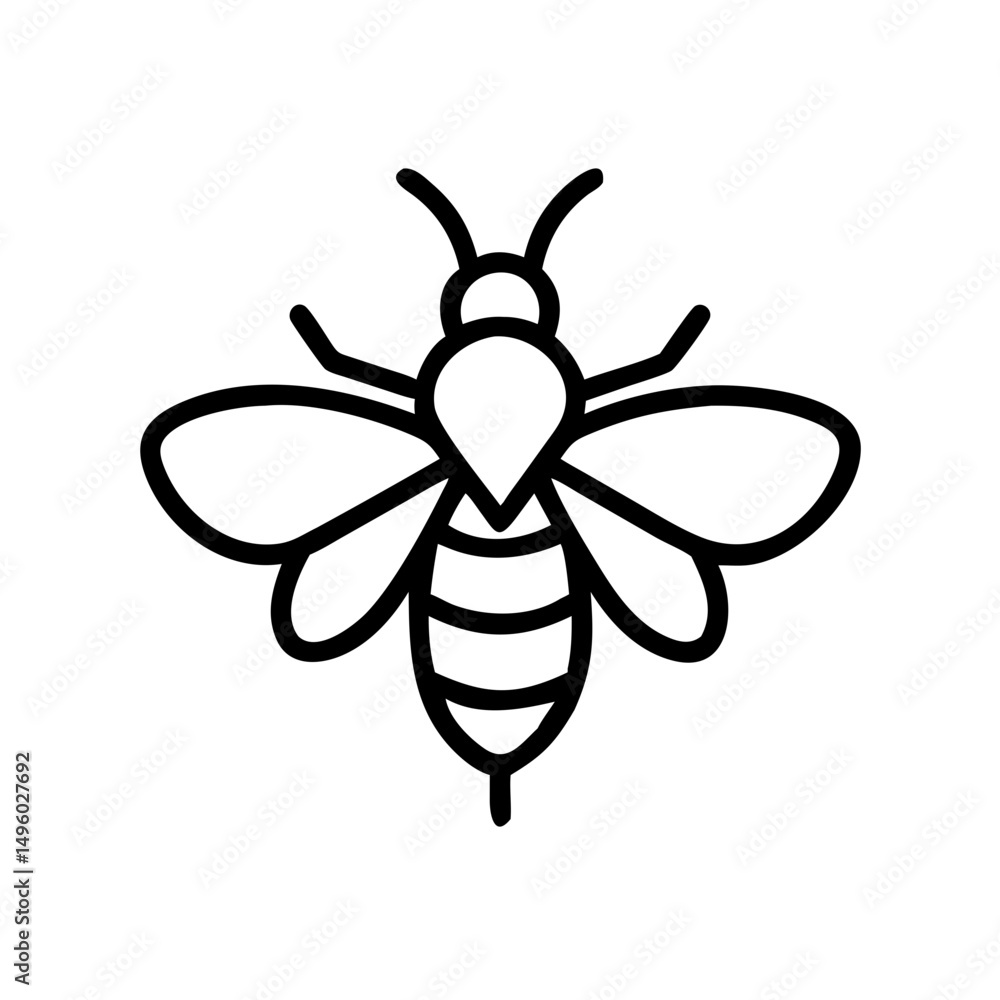 Poster a simple graphic showing a honeybee with wings and stripes in a minimalist outline style drawing art
